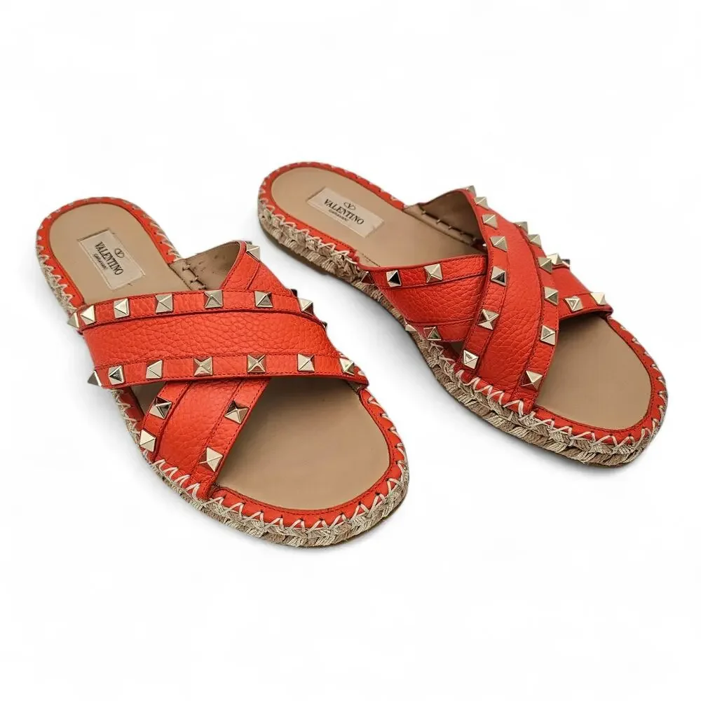 Valentino Garavani Rockstud Flat Slide Espadrille Sandal Orange Size 39 US 9